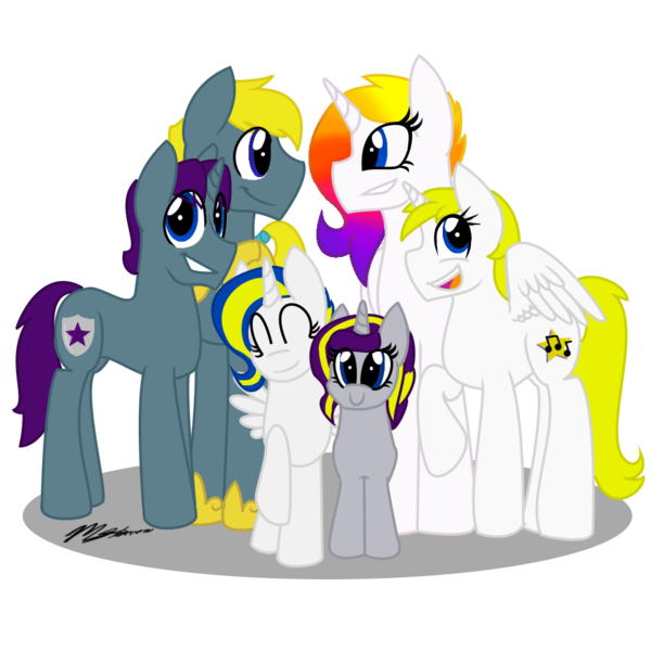 Size: 1000x1000 | Tagged: artist:shellythewolf1, derpibooru import, family photo, oc, oc:gilded hooves, oc:princess eclipse, oc:silver shield, oc:starlight, oc:steadfast, oc:winter breeze, royal guard, safe, unofficial characters only