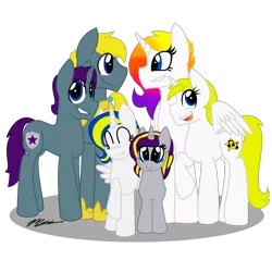 Size: 1000x1000 | Tagged: artist:shellythewolf1, derpibooru import, family photo, oc, oc:gilded hooves, oc:princess eclipse, oc:silver shield, oc:starlight, oc:steadfast, oc:winter breeze, royal guard, safe, unofficial characters only