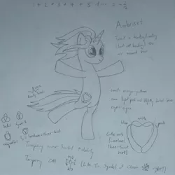 Size: 2710x2709 | Tagged: safe, artist:parclytaxel, derpibooru import, oc, oc:ambrisett, unofficial characters only, pony, unicorn, bipedal, chaos star, cutie mark, heart, knot, knot theory, lineart, math, mechanical pencil, monochrome, reference sheet, sketch, smiling, solo, srinivasa ramanujan, standing, summation, traditional art, windswept mane, wip