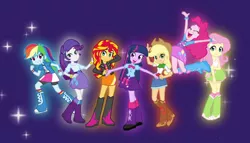 Size: 816x468 | Tagged: safe, artist:baekgup, derpibooru import, applejack, fluttershy, pinkie pie, rainbow dash, rarity, sunset shimmer, twilight sparkle, twilight sparkle (alicorn), equestria girls, balloon, beautiful, boots, bracelet, clothes, cowboy hat, glow, hand on head, happy, hat, high heel boots, humane seven, jewelry, jumping, looking at you, mane six, open mouth, silhouette six-seven, skirt, smiling