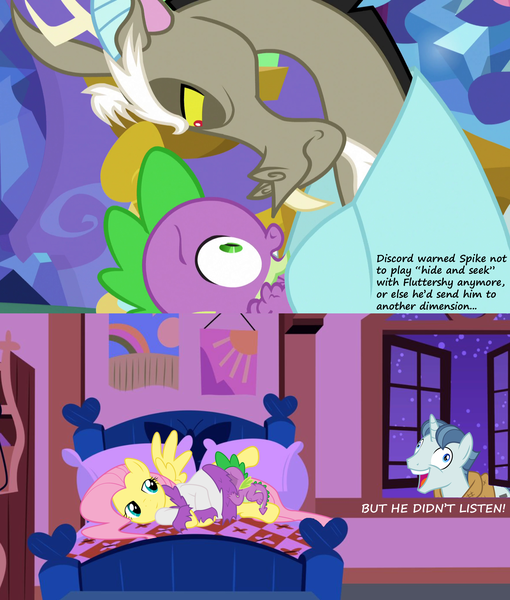 Size: 2000x2353 | Tagged: angry, artist:alexiy777, artist:chainchomp2 edit, artist:masem, artist:titanium-pony, bed, bedroom, bedroom eyes, caption, comic, derp, derpibooru import, discord, edit, edited screencap, exploitable meme, eye contact, face down ass up, female, fluttershy, fluttershy gets all the dudes, fluttershy gets all the stallions, flutterspike, foalcon, frown, glare, i didn't listen, image macro, implied discoshy, implied oral, implied sex, implied shipping, implied straight, looking back, love, love triangle, make new friends but keep discord, male, meme, open mouth, party favor, prone, questionable, screencap, screencap comic, shipping, smiling, softcore, spike, spike's room, spike you lucky bastard, spread legs, spread wings, straight, this will end in death, threatening, vector edit, wide eyes, window, wingboner