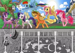 Size: 1000x708 | Tagged: semi-grimdark, artist:caibaoreturn, derpibooru import, applejack, fluttershy, pinkie pie, rainbow dash, rarity, spike, twilight sparkle, twilight sparkle (alicorn), alicorn, pony, crying, duality, female, immortality blues, mane seven, mane six, mare, pixiv, sad