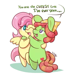 Size: 1109x1214 | Tagged: safe, artist:dsp2003, derpibooru import, fluttershy, tree hugger, pony, make new friends but keep discord, bipedal, blushing, chibi, cute, female, flutterhugger, hug, huggerbetes, implied fluttertree, lesbian, literal, open mouth, shipping, shyabetes, simple background, style emulation, transparent background, weapons-grade cute, wink