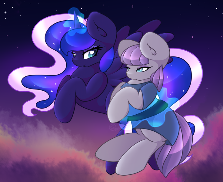 Size: 1226x1000 | Tagged: artist:xelectrobeats, cloud, cloudy, cute, derpibooru import, flying, levitation, magic, maud pie, night, princess luna, safe, stars, telekinesis