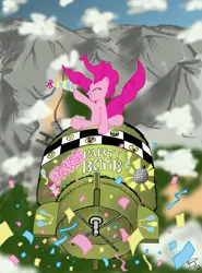 Size: 1241x1677 | Tagged: safe, artist:igotastewgoing, derpibooru import, pinkie pie, earth pony, pony, bomb, dr. strangelove, hat, parody, party hat, riding a bomb, solo