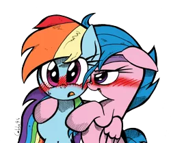 Size: 1250x1044 | Tagged: suggestive, artist:labba94, derpibooru import, firefly, rainbow dash, pegasus, pony, comic:dash academy, bedroom eyes, blushing, boop, d:, dashfly, female, floppy ears, frown, g1, hug, lesbian, mare, open mouth, shipping, simple background, smiling, sweat, sweatdrop, transparent background, wide eyes