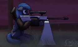 Size: 1280x769 | Tagged: safe, artist:the-furry-railfan, derpibooru import, oc, oc:night strike, unofficial characters only, pegasus, pony, fallout equestria, fallout equestria: empty quiver, aiming, anti-materiel rifle, barrier, bozar, clothes, cutie mark, female, floppy ears, gun, hooves, jacket, mare, night, optical sight, outdoors, rifle, sitting, sniper, sniper rifle, solo, text, weapon, wings