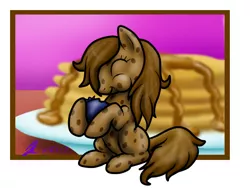 Size: 620x484 | Tagged: artist:black--glitter, blueberry, cookie pony, derpibooru import, food pony, oc, oc:cookie crumble, original species, pancakes, safe, unofficial characters only
