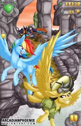 Size: 1024x1583 | Tagged: ahuizotl, artist:arcadianphoenix, crossover, daring do, derpibooru import, flying, rainbow dash, safe, temple run