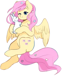 Size: 687x843 | Tagged: safe, artist:twirity, derpibooru import, fluttershy, pegasus, pony, rabbit, blushing, cute, female, flower, flower in hair, mare, shyabetes, simple background, solo, transparent background, wink