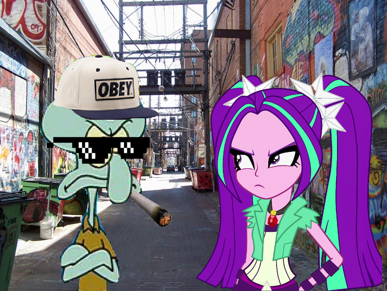 Size: 1278x960 | Tagged: safe, derpibooru import, aria blaze, equestria girls, 420, baseball cap, blunt, gangsta, ghetto, glasses, hat, meme, spongebob squarepants, squidward tentacles, thug life