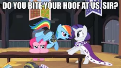 Size: 890x500 | Tagged: chancellor puddinghead, commander hurricane, derpibooru import, image macro, meme, pinkie pie, princess platinum, rainbow dash, rarity, romeo and juliet, safe, screencap, shakespearean insults