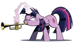 Size: 1850x1100 | Tagged: safe, artist:wandrevieira1994, derpibooru import, twilight sparkle, twilight sparkle (alicorn), alicorn, pony, rhythm is magic, female, frustrated, mare, musical instrument, simple background, solo, transparent background, trumpet