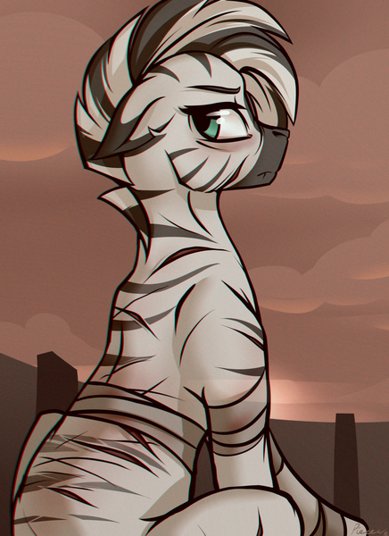 Size: 1024x1408 | Tagged: artist:whitepone, bandage, chromatic aberration, derpibooru import, fallout equestria, fanfic, fanfic art, female, looking back, mare, oc, oc:xenith, safe, sitting, solo, unofficial characters only, zebra, zebra oc