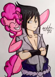 Size: 756x1057 | Tagged: artist:mr-skyliner34, crossover, derpibooru import, frown, naruto, naruto hurricane chronicles, naruto shippuuden, pinkie pie, safe, smiling, traditional art, uchiha sasuke