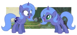 Size: 900x418 | Tagged: artist:flausch-katzerl, changeling, derpibooru import, doppleganger, filly, princess luna, safe, the fun has been doubled, woona