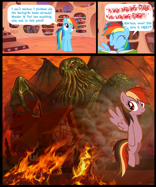 Size: 917x1100 | Tagged: apocalypse, artist:voodoo-tiki, comic, cthulhu, cthulhu mythos, derpibooru import, end of the world, fire, hiding, lovecraft, necronomicon, rainbow dash, semi-grimdark, you dun goofed