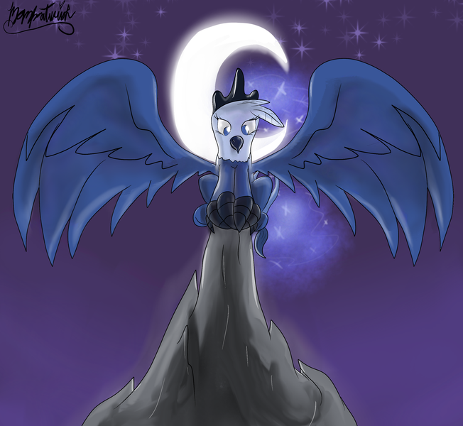 Size: 2500x2300 | Tagged: safe, artist:manfartwish, derpibooru import, princess luna, gryphon, behaving like a bird, birds doing bird things, griffonized, looking at you, looking down, moon, night, perch, sitting, solo, sparkles, species swap, spread wings