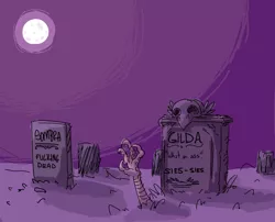 Size: 1280x1033 | Tagged: semi-grimdark, artist:nobody, derpibooru import, gilda, king sombra, gryphon, undead, zombie, the lost treasure of griffonstone, claw, claws, dead, full moon, grave, gravestone, graveyard, hand, moon, night, skull, vulgar