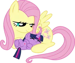 Size: 1024x858 | Tagged: safe, artist:rockint765, derpibooru import, fluttershy, twilight sparkle, pony, fanfic, age regression, baby, baby pony, babylight sparkle, cute, eyes closed, fanfic art, female, filly, filly twilight sparkle, fluttermom, fluttershy's foal, foal, mama fluttershy, on back, prone, shyabetes, sleeping, smiling, twiabetes, younger