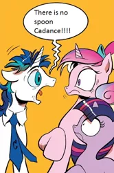 Size: 364x549 | Tagged: derpibooru import, dishevelled, exploitable meme, meme, necktie, princess cadance, safe, screaming armor, shining armor, speech bubble, spoiler:comic, the matrix, there is no spoon, twilight sparkle