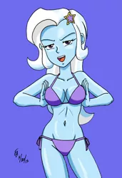 Size: 800x1167 | Tagged: suggestive, artist:mayorlight, derpibooru import, trixie, equestria girls, belly button, bikini, breasts, busty trixie, clothes, female, grope, looking at you, solo, solo female, swimsuit