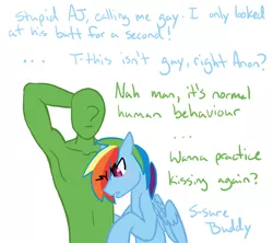 Size: 1800x1600 | Tagged: suggestive, artist:hippykat13, derpibooru import, rainbow dash, oc, oc:anon, human, pony, blatant lies, deception, denial, gay, human on pony action, interspecies, male, not gay, rainbow blitz, rule 63