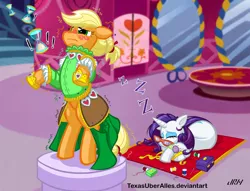 Size: 720x551 | Tagged: safe, artist:texasuberalles, derpibooru import, applejack, rarity, earth pony, pony, unicorn, blushing, carousel boutique, clothes, dress, dressmaking, duo, glasses, hourglass, measuring tape, rarity's glasses, shaking, sleeping, snoring, zzz