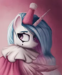 Size: 720x860 | Tagged: safe, artist:annielith, derpibooru import, princess celestia, alicorn, pony, clothes, clown, clown celestia, clown makeup, costume, face paint, female, frown, gradient background, harlequin, hat, lidded eyes, looking back, mare, ruff (clothing), sad, solo