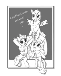 Size: 1269x1598 | Tagged: artist needed, safe, derpibooru import, apple bloom, scootaloo, sweetie belle, oc, oc:anon, earth pony, human, pegasus, unicorn, age difference, clothes, female, filly, fourth wall, harem, herd, male, monochrome, necktie, photo, polygamy, shipping, straight