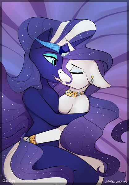 Size: 1150x1650 | Tagged: questionable, artist:daxhie, derpibooru import, nightmare rarity, rarity, anthro, bed, bedroom eyes, boob squish, bracelet, breast squeeze, breasts, choker, drool, duality, ear piercing, eyes closed, female, floppy ears, french kiss, hug, kissing, lesbian, licking, nudity, piercing, rarecest, self ponidox, selfcest, sloppy kissing, smiling, stupid sexy nightmare rarity, symmetrical docking, tongue out