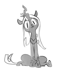 Size: 872x1024 | Tagged: safe, artist:imalou, derpibooru import, queen chrysalis, changeling, changeling queen, cute, cute little fangs, cutealis, fangs, female, grayscale, image, jpeg, looking at you, monochrome, simple background, sitting, slit eyes, solo, white background