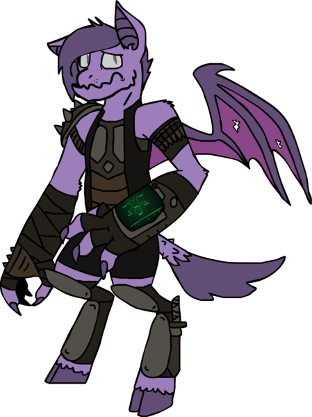 Size: 1686x2251 | Tagged: safe, artist:ravenquill, derpibooru import, oc, oc:raven quill, unofficial characters only, bat pony, diamond dog, hybrid, pony, cloven hooves, fallout, fusion, mutant, pipboy, pipbuck, solo, unshorn fetlocks, wings