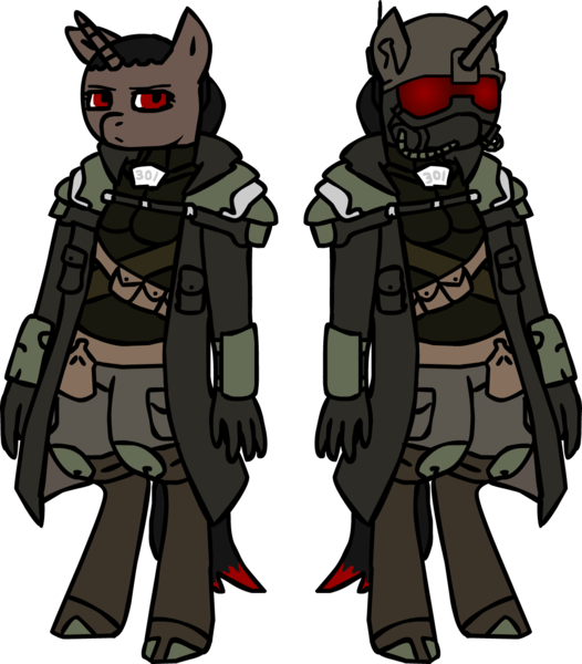 Size: 1116x1273 | Tagged: safe, artist:ravenquill, derpibooru import, oc, oc:lore venture, unofficial characters only, anthro, unicorn, fallout equestria, anthro oc, clothes, coat, elite riot gear, fallout, female, gas mask, helmet, mask, new canterlot republic, rule 63, solo