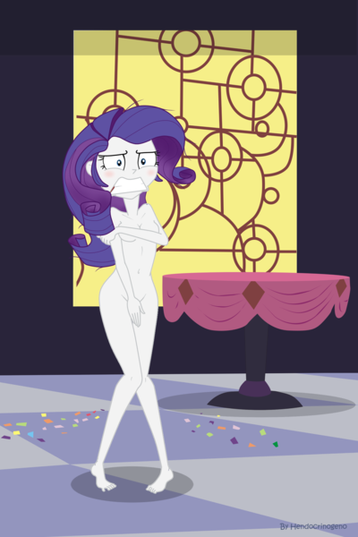 Size: 1417x2125 | Tagged: questionable, artist:hendocrinogeno, derpibooru import, rarity, equestria girls, make new friends but keep discord, assisted exposure, belly button, blushing, clothing theft, covering, embarrassed, embarrassed nude exposure, equestria girls interpretation, exhibitionism, female, humiliation, naked rarity, nudity, public humiliation, public nudity, scene interpretation, show accurate, show accurate porn, solo, solo female