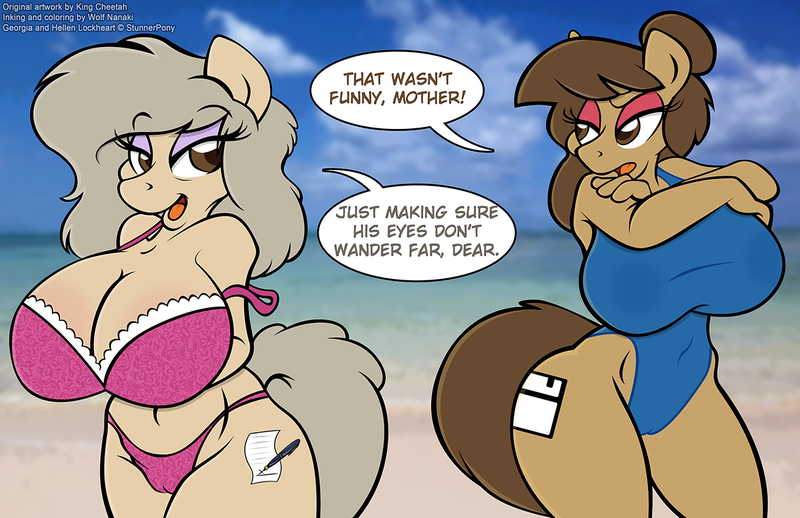 Size: 1280x828 | Tagged: anthro, anthro oc, artist:trollie trollenberg, artist:wolfnanaki, beach, big breasts, bra, breasts, cameltoe, cleavage, clothes, derpibooru import, eyeshadow, female, grey hair, huge breasts, impossibly large breasts, lingerie, milf, oc, oc:georgia lockheart, oc:hellen lockheart, one-piece swimsuit, panties, questionable, swimsuit, unofficial characters only, wide hips