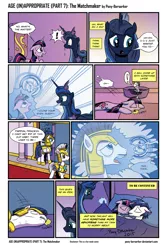 Size: 1750x2625 | Tagged: safe, artist:pony-berserker, derpibooru import, princess luna, tiberius, twilight sparkle, oc, oc:ralph, alicorn, opossum, pegasus, pony, unicorn, comic:age (in)appropriate, bed, butt, comic, exclamation point, eyes closed, female, gritted teeth, hypnosis, i can't believe it's not idw, magic, male, mare, moustache, open mouth, plot, prank, prankster luna, prone, royal guard, side, sleeping, smiling, stallion, sweat, telekinesis, trolluna, wide eyes
