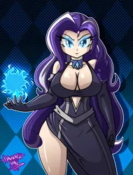 Size: 2275x3000 | Tagged: artist:danmakuman, breasts, busty nightmare rarity, cleavage, clothes, derpibooru import, dress, evening gloves, eyeshadow, female, human, humanized, lipstick, nightmare rarity, side slit, smiling, solo, solo female, stupid sexy nightmare rarity, suggestive