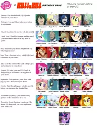 Size: 1150x1499 | Tagged: adagio dazzle, aikuro mikisugi, applejack, birthday game, derpibooru import, derpy hooves, discord, exploitable meme, fluttershy, houka inumuta, ira gamagori, kaneo takarada, kill la kill, king sombra, lord tirek, mako mankanshoku, mataro mankanshoku, meme, nonon jakuzure, nui harime, pinkie pie, princess celestia, princess luna, queen chrysalis, ragyo kiryuin, rainbow dash, rarity, ryuko matoi, safe, satsuki kiryuin, senketsu, shiro iori, spike, sunset shimmer, text, tsumugu kinagase, twilight sparkle, uzu sanageyama