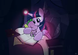 Size: 1496x1068 | Tagged: safe, artist:dsana, derpibooru import, spike, twilight sparkle, twilight sparkle (alicorn), alicorn, dragon, pony, baby, baby dragon, baby spike, bed, book, cuddling, cute, dsana is trying to murder us, female, glowing horn, horn, male, mama twilight, mare, reading, sleeping, snuggling, spikabetes, spikelove, wings
