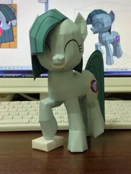 Size: 979x1305 | Tagged: safe, artist:robi, derpibooru import, marble pie, earth pony, pony, eyes closed, female, grin, mare, papercraft, photo, pixiv, raised hoof, smiling, solo
