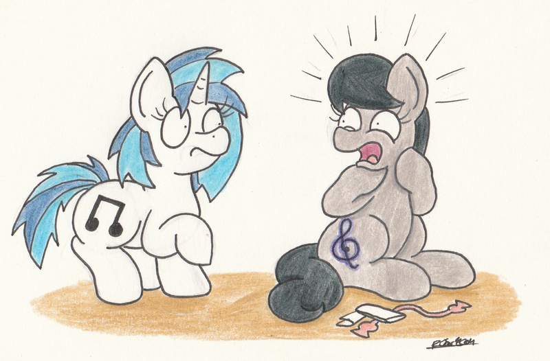 Size: 1913x1258 | Tagged: safe, artist:bobthedalek, derpibooru import, octavia melody, vinyl scratch, earth pony, pony, unicorn, backwards cutie mark, duo, implied nudity, nudity, traditional art, we don't normally wear clothes