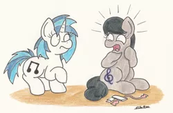 Size: 1913x1258 | Tagged: safe, artist:bobthedalek, derpibooru import, octavia melody, vinyl scratch, earth pony, pony, unicorn, backwards cutie mark, duo, implied nudity, nudity, traditional art, we don't normally wear clothes