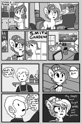Size: 880x1328 | Tagged: safe, artist:tjpones, derpibooru import, oc, oc:brownie bun, unofficial characters only, human, horse wife, comic, monochrome, shop, tumblr