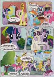 Size: 900x1281 | Tagged: safe, derpibooru import, official, applejack, fluttershy, pinkie pie, rainbow dash, rarity, twilight sparkle, twilight sparkle (alicorn), vinyl scratch, alicorn, pony, balloon, comic, mane six, official comic, save dj-pon3's show