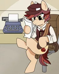 Size: 1100x1391 | Tagged: safe, artist:dbkit, derpibooru import, oc, oc:cherry bomber, unofficial characters only, chair, clothes, hat, image, jacket, journalist, offspring, parent:dumbbell, parent:rainbow dash, parents:dumbdash, png, shirt, typewriter, vest