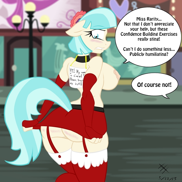 Size: 2560x2560 | Tagged: questionable, artist:kaixxxcorner, artist:lil miss jay, derpibooru import, coco pommel, rarity, anthro, ass, bandaid, blushing, breasts, busty coco pommel, clothes, embarrassed, embarrassed nude exposure, exhibitionism, exposed breasts, female, humiliation, nipples, nudity, public humiliation, sign, skirt, skirt pull, spanked, stockings