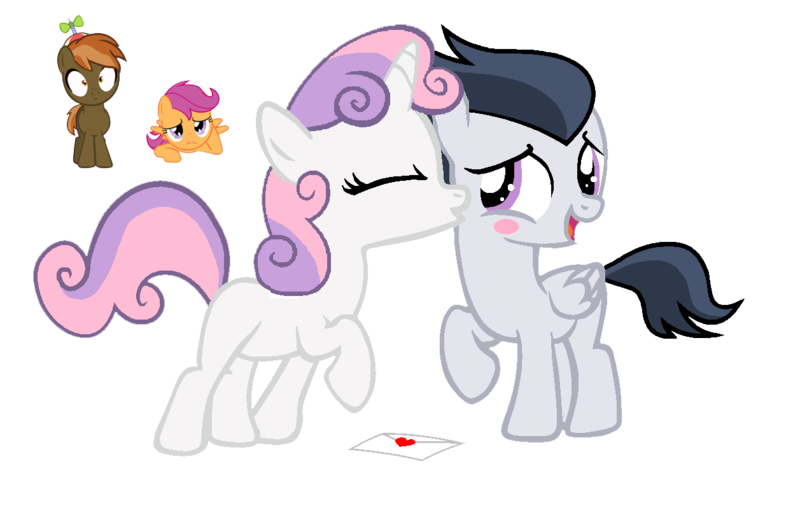 Size: 1257x798 | Tagged: artist:lunaticdawn, button mash, derpibooru import, female, implied rumbelle, implied sweetiemash, kissing, male, rumbelle, rumble, safe, scootaloo, shipping, ship sinking, simple background, straight, sweetie belle, transparent background, vector