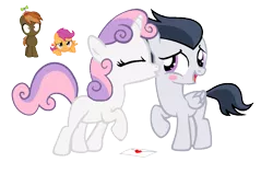 Size: 1257x798 | Tagged: artist:lunaticdawn, button mash, derpibooru import, female, implied rumbelle, implied sweetiemash, kissing, male, rumbelle, rumble, safe, scootaloo, shipping, ship sinking, simple background, straight, sweetie belle, transparent background, vector