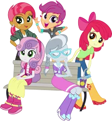 Size: 1183x1277 | Tagged: safe, artist:punzil504, derpibooru import, apple bloom, babs seed, scootaloo, silver spoon, sweetie belle, equestria girls, bench, boots, cutie mark crusaders, equestria girls-ified, shoes, simple background, transparent background, vector